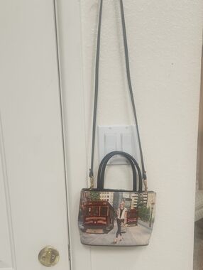 Vintage Printed Cable Car Crossbody Bag - Black Handles